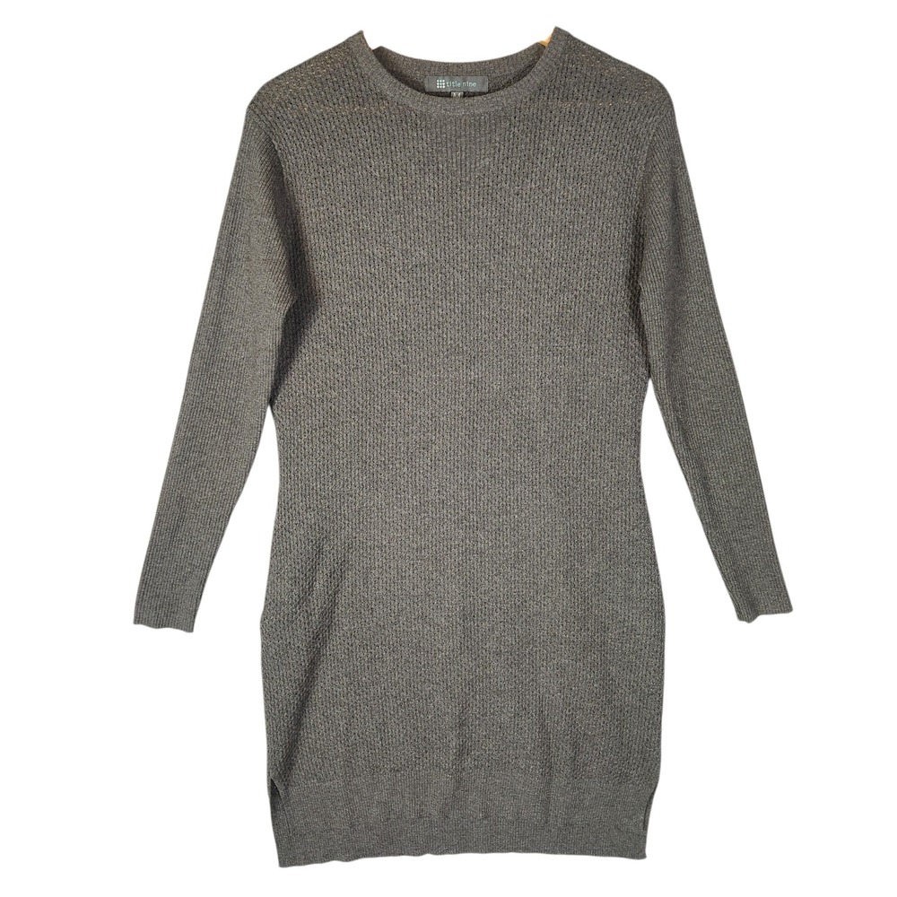 Title Nine Sweater Dress Medium Gray Merino Wool Waffle Knit Long Sleeve Pocket